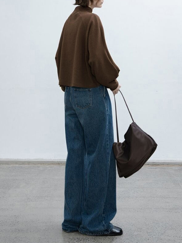 Solid Color Split-Joint Loose Puff Sleeves High Neck Sweatshirt Tops