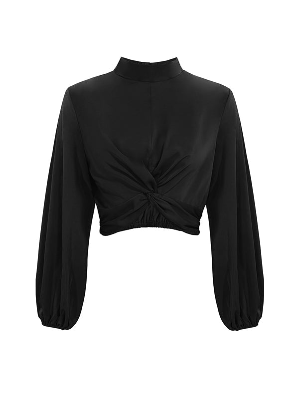 Elasticity Hollow Knot Pleated Ruffled Long Sleeves Puff Sleeves Mock Neck Blouses&Shirts Tops