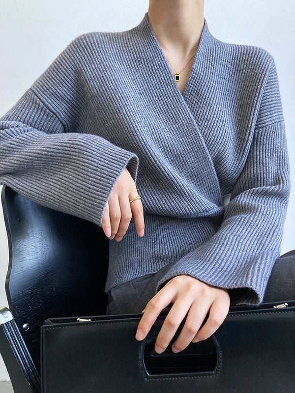 Casual Long Sleeves Loose Solid Color Cross V-Neck Sweater Tops