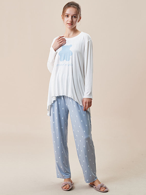 Simple Loose Cartoon Printed Pajamas Two Pieces Set