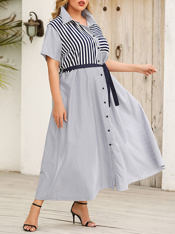 Buttoned Split-Joint Striped Tied Waist Loose Plus Size Lapel Shirt Dress Maxi Dresses