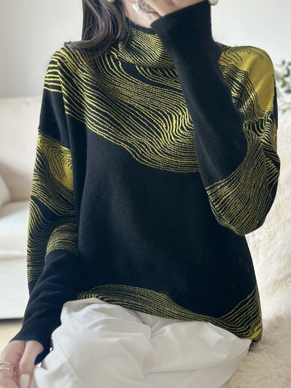 Contrast Color Long Sleeves Loose High Neck Sweater Tops Pullovers