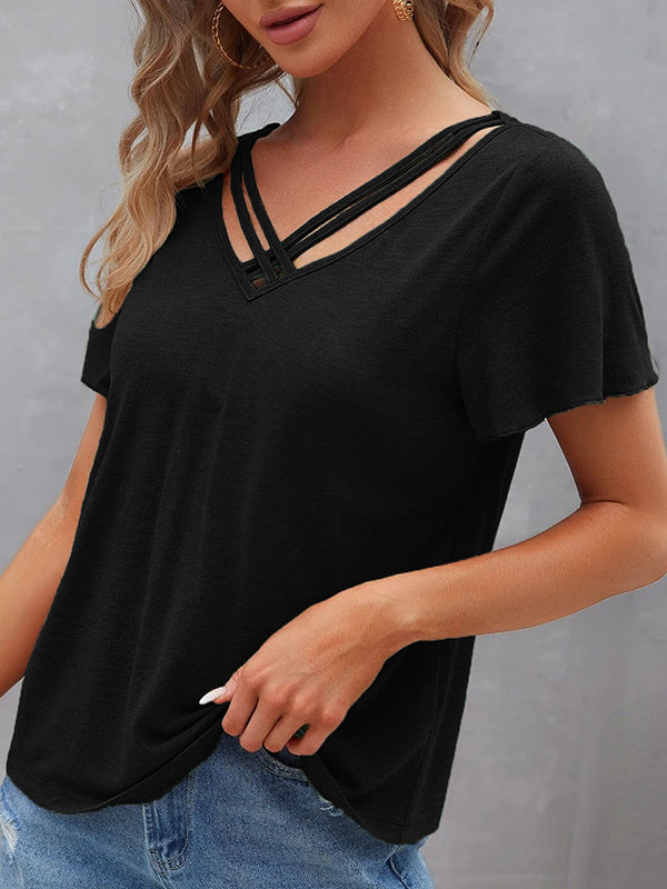 Hollow Solid Color Split-Joint Loose Plus Size V-Neck T-Shirts Tops