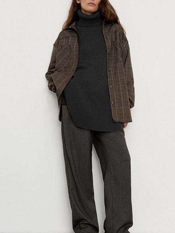 Pleated Solid Color Split-Side Long Sleeves Loose High Neck Sweater Tops