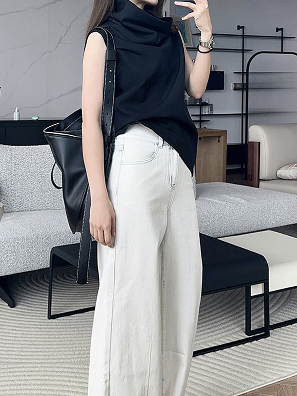 Solid Color Loose Sleeveless Stand Collar Vest Top