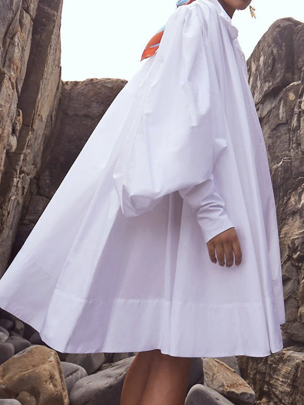 Buttoned Solid Color Long Sleeves Loose Stand Collar Shirt Dress Mini Dresses