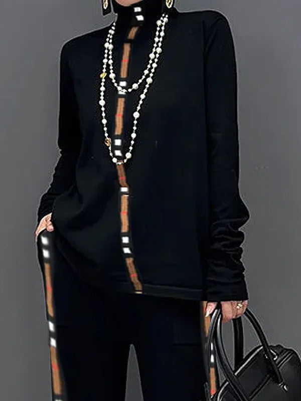 Contrast Color Printed Long Sleeves Loose High Neck T-Shirts Tops