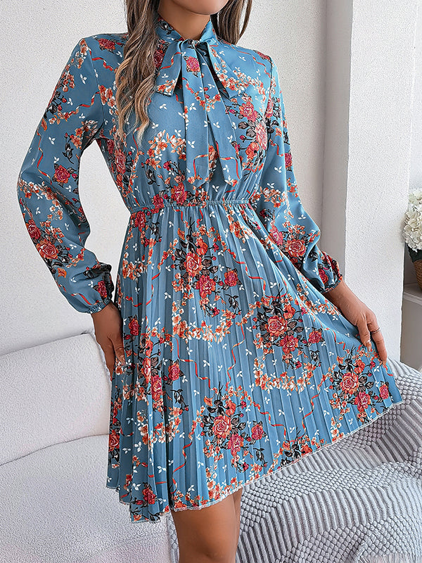 Elasticity Flower Print Pleated Tied Long Sleeves Loose Round-Neck Mini Dresses