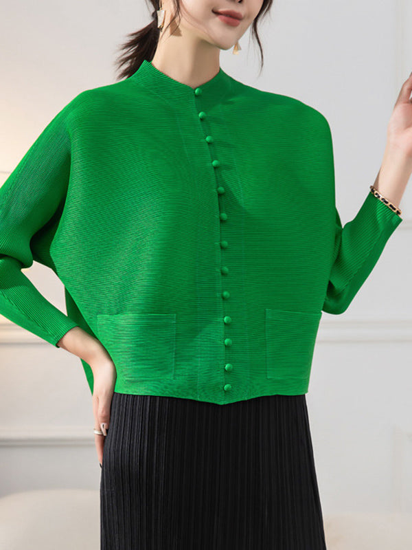 Buttoned Pleated Pockets Solid Color Long Sleeves Loose Round-Neck Outerwear