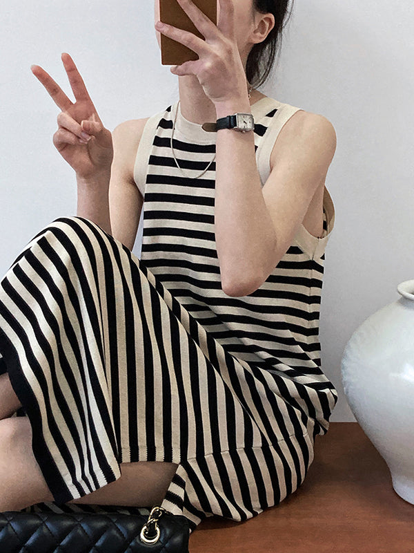 Contrast Color Loose Sleeveless Round-Neck Midi Dresses