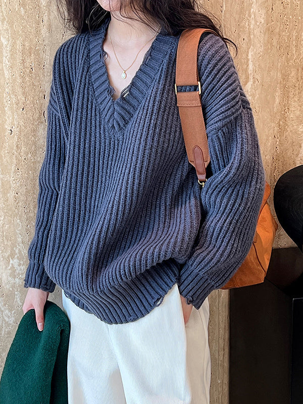 Hollow Solid Color Long Sleeves Loose V-Neck Sweater Tops Pullovers