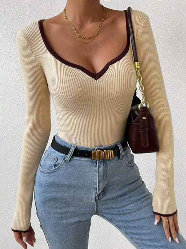 Contrast Color Pleated Split-Joint Long Sleeves Skinny V-Neck T-Shirts