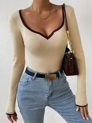 Contrast Color Pleated Split-Joint Long Sleeves Skinny V-Neck T-Shirts