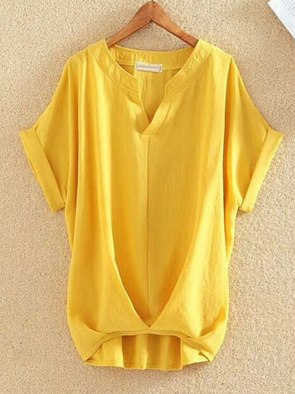 Pleated Solid Color Loose Plus Size V-neck T-Shirts Tops