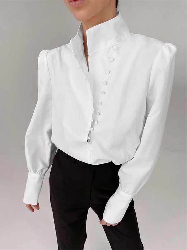 Solid Color Split-Joint Long Sleeves Loose High-Neck Blouses