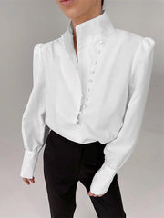 Solid Color Split-Joint Long Sleeves Loose High-Neck Blouses