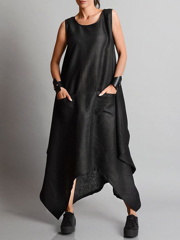 Irregular Clipping Sleeveless Solid Color Round-Neck Maxi Dresses