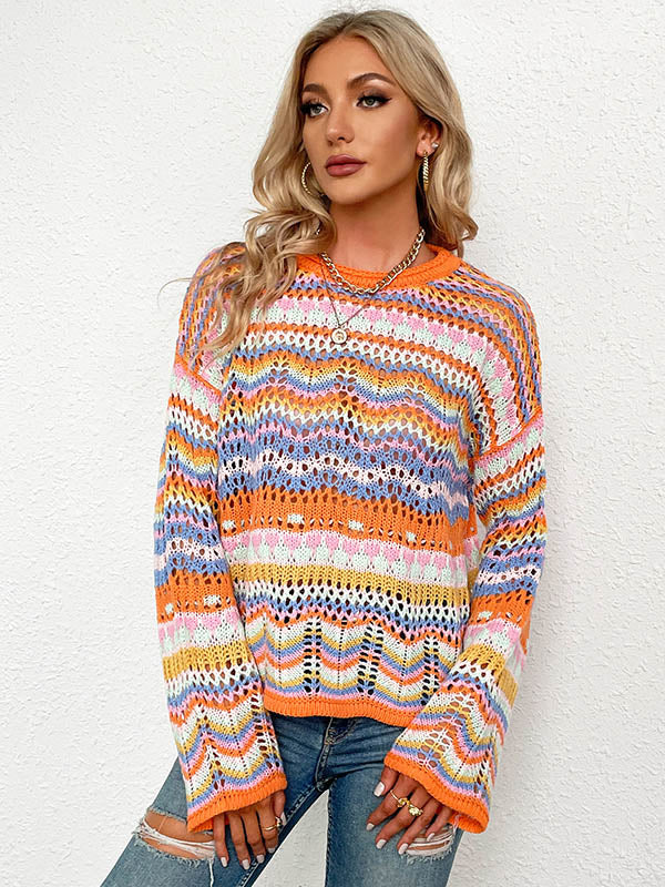 4 Colors Loose Contrast Color Round-Neck Sweater Top