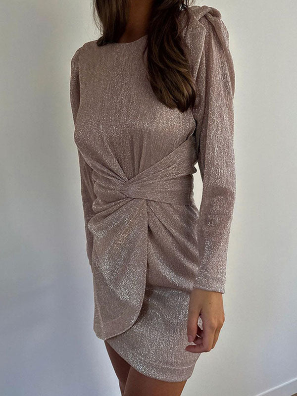 Knot Shiny Solid Color Zipper Bodycon High Waisted Round-Neck Mini Dresses