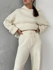 Solid Color Loose Round-Neck Hooded Long Sleeves Sweater Top + Drawstring Pants Bottom Two Pieces Set