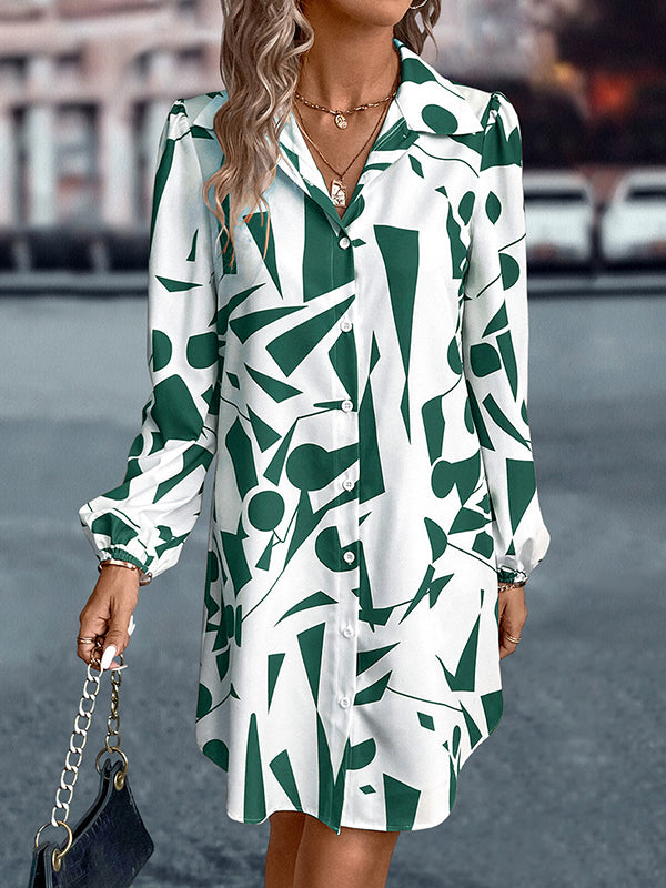 Printed Split-Joint Loose Puff Sleeves Lapel Shirt Dress Mini Dresses