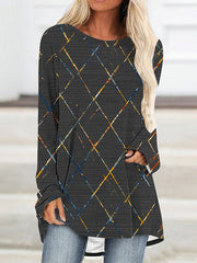 Printed High-Low Long Sleeves Round-Neck T-Shirts Tops