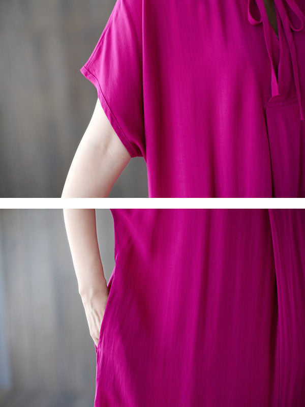 Lace-Up Pleated Solid Color Split-Joint Loose Short Sleeves Round-Neck Midi Dresses