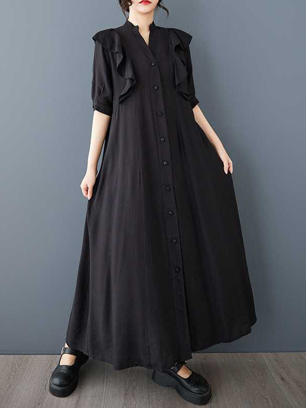 Buttoned Ruffle Trim Solid Color A-Line Half Sleeves V-Neck Midi Dresses