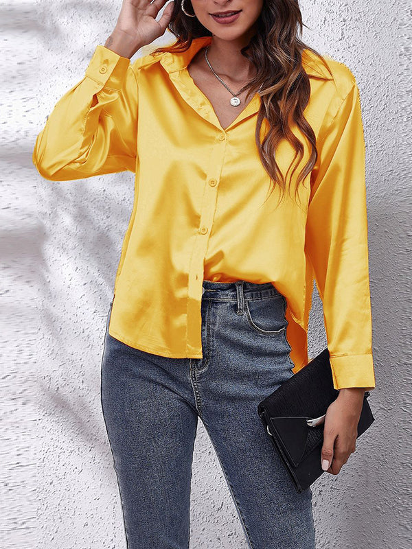 Solid Color Long Sleeves Loose Lapel Blouses