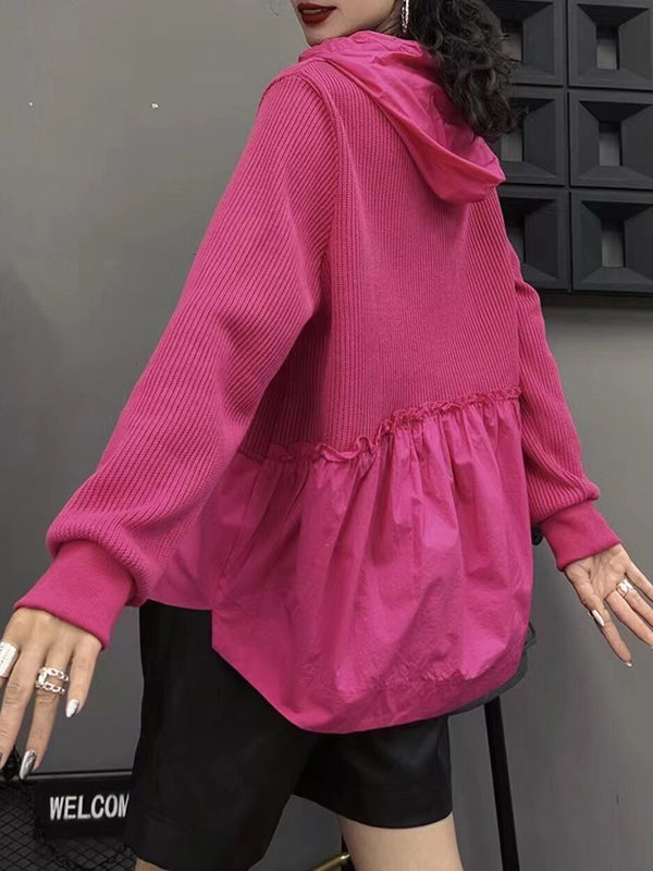 Drawstring Split-front Split-Joint Hooded Long Sleeves Hoodies Tops