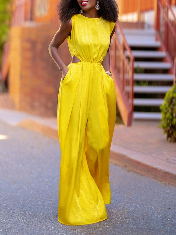 Hollow Solid Color Loose Wide Leg Round-neck Jumpsuits
