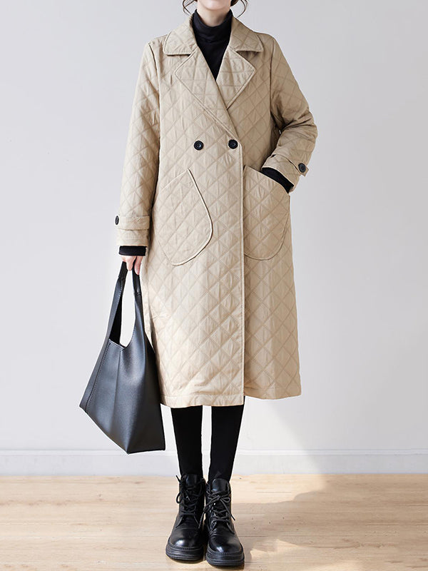 Buttoned Pockets Quilted Long Sleeves Loose Notched Collar Padded Coat