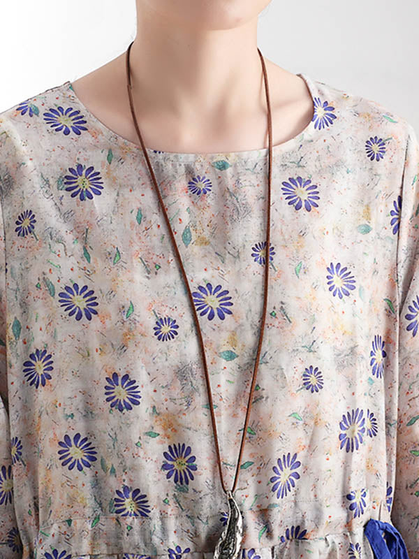 Original Floral Round-Neck Elasticity Waist Midi Dress