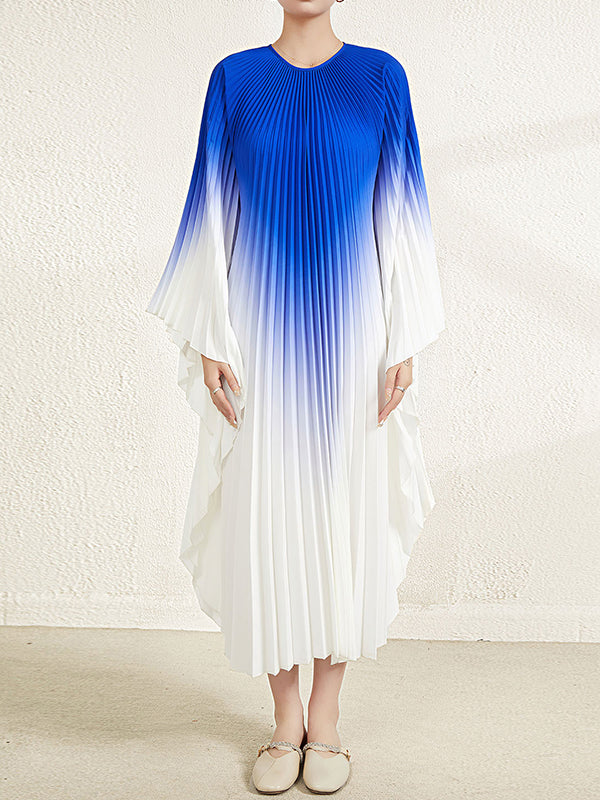 Gradient Pleated Batwing Sleeves Loose Round-Neck Midi Dresses