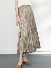 Elasticity Pleated Solid Color A-line High Waisted Skirts Bottoms