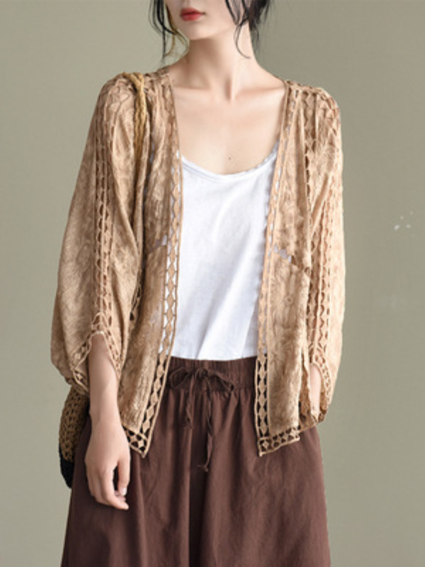 Seven-Quarter Sleeves Crochet Hollow Solid Color Outerwear