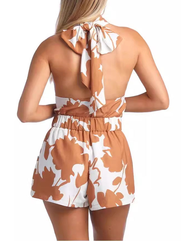 Halter-Neck Loose Backless Flower Print Tied Vest Top + Elasticity Pockets High Waisted Shorts Bottom Two Pieces Set