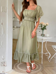 Pleated Ruffle Trim Split-Joint Zipper A-Line High Waisted Square-Neck Midi Dresses