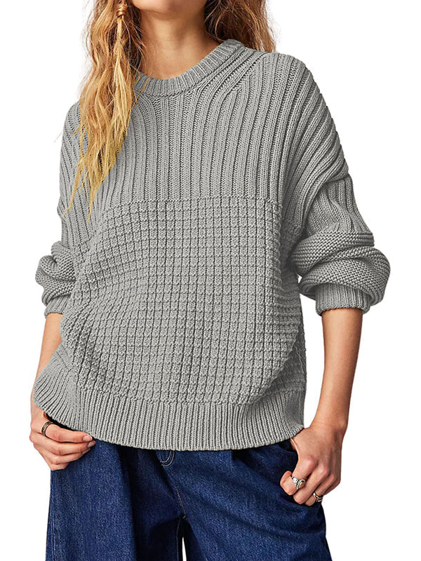 Solid Color Long Sleeves Loose Round-Neck Sweater Tops Pullovers