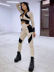 Color-Block Zipper Slim Leisure Long Sleeve Hollow Athletic Sport Suits
