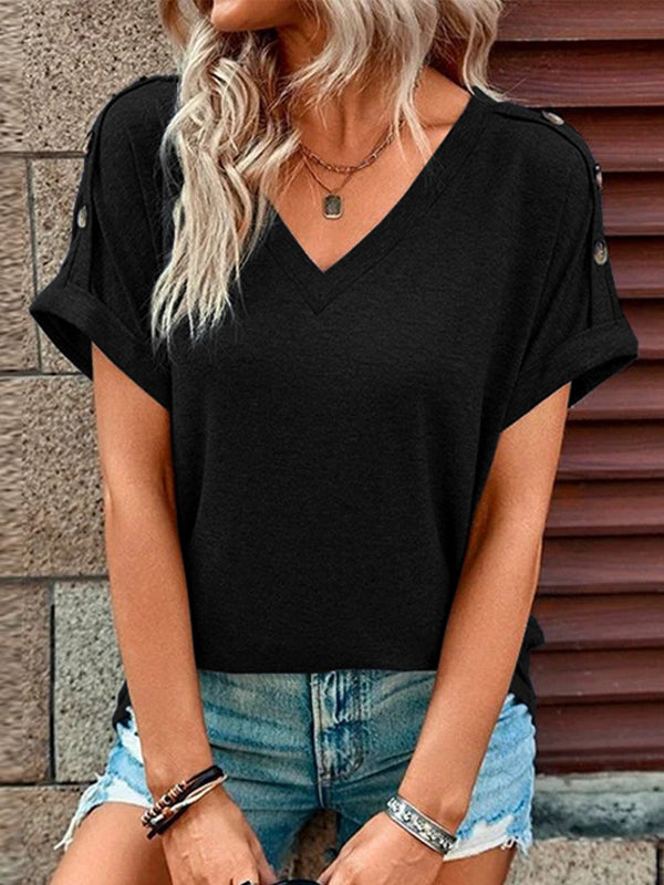Buttoned Solid Color Loose Short Sleeves V-neck T-Shirts Tops