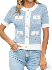 Buttoned Pockets Split-Joint Short Sleeves Round-neck Cardigan Tops
