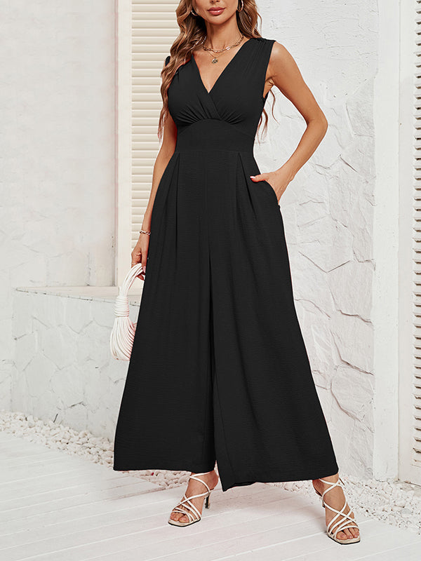 Pleated Solid Color Split-Joint Loose Sleeveless V-neck Jumpsuits