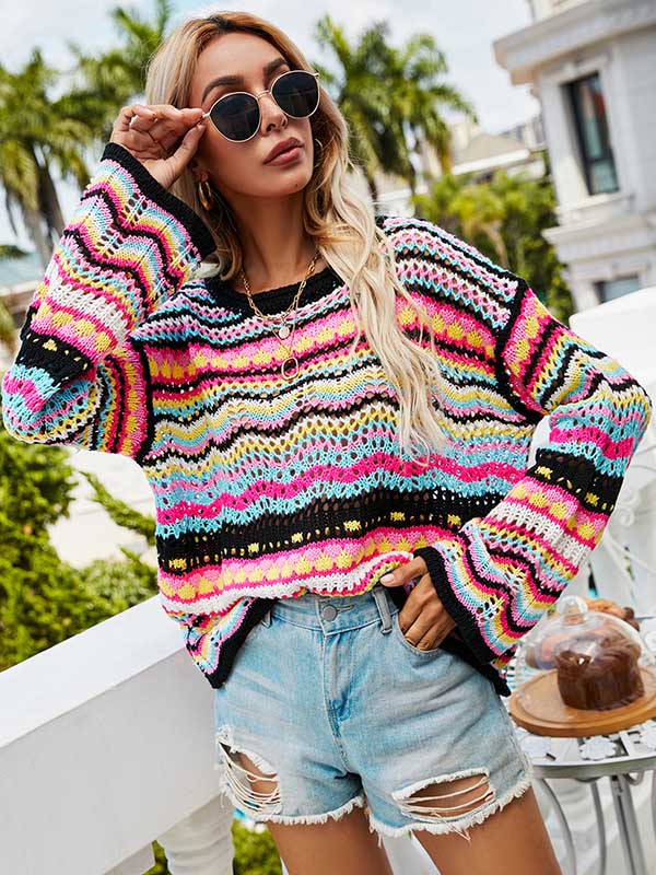 4 Colors Loose Contrast Color Round-Neck Sweater Top