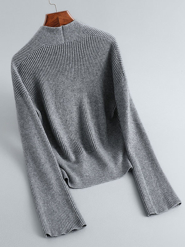 Asymmetric Solid Color Long Sleeves V-Neck Sweater Pullovers Knitwear