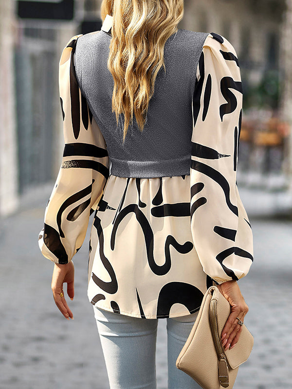Buttoned Contrast Color Printed Split-Joint False Two Puff Sleeves Lapel Shirts Tops Blouses