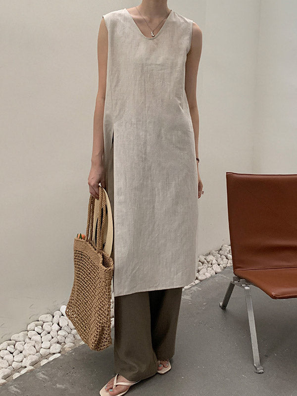 Solid Color Split-side Loose Sleeveless V-neck Vest Top