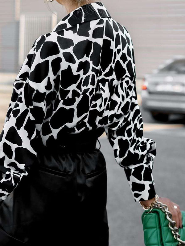 Contrast Color Printed Long Sleeves Loose Lapel Blouses