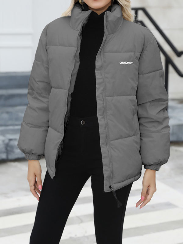 Keep Warm Quilted Solid Color Zipper Long Sleeves Loose High Neck Padded Coat