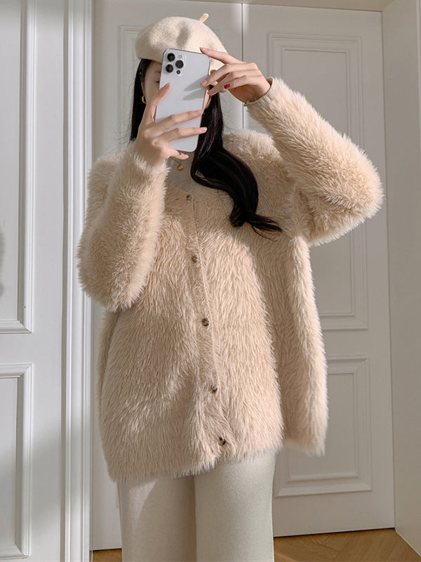 Casual Long Sleeves Loose Solid Color V-Neck Cardigan Tops